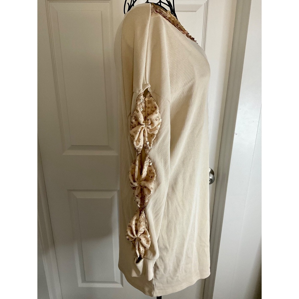 ChicMe Beige Long-sleeved Sequined Sweater Dress Sz S/M - Picture 7 of 11